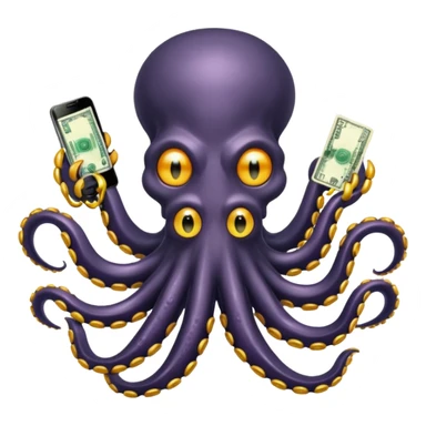 Intimidating octopus with pearl black skin, neon suction cups. Evil glaring eyes. Wearing a thick gold chain. 3 tentacles are holding their own cellphone, 2 other tentacles are holding stacks of money sticker