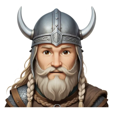 Clash of Clans aesthetic: Beautiful and Majestic Viking Portrait Emoji, Rendered in serene confidence with a gentle, enigmatic smile and a refined, weathered Viking helmet, showcasing a noble, sturdy build with long braided hair and a dignified beard, his face in natural skin tone, Simplified yet exquisitely endearing features, highly detailed, glowing with a soft, majestic Nordic light, high shine, calm and heroic, stylized with an air of timeless Norse elegance, soft glowing outline, capturing the essence of a majestic Viking whose noble spirit inspires epic quests! sticker