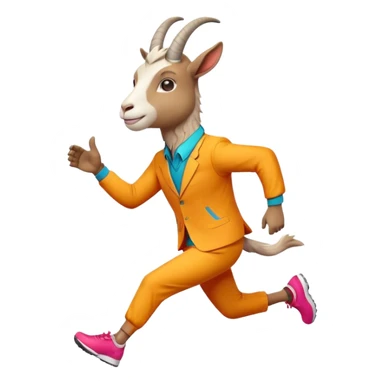 friendly anthropomorphised goat jogging upright in a colourful suit, relaxed pose sticker