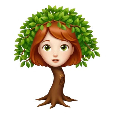 Un petit sapin vert sylvestre, féminin, regard malicieux, tâches de rousseurs délicates, joues roses. Yeux de biche brillants en forme amande, yeux couleur ambre, tronc couleur acajou. Sapin en mouvement, incurvé pour un effet vivant. Style memoji. sticker