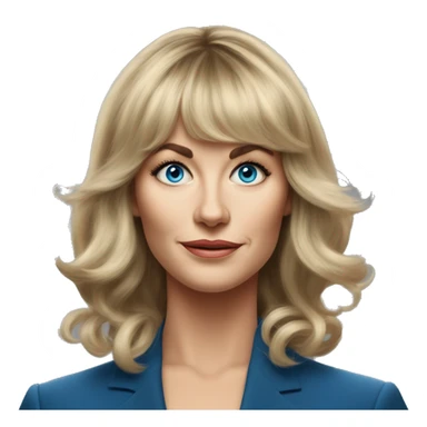 Medium length Dirty blonde poufy hair with bangs all across forehead and sides swept away from face business woman of 60 with blue eyes  sticker