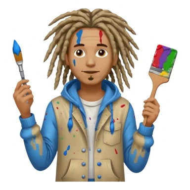 man artist with dreadlock, holding painter sticker