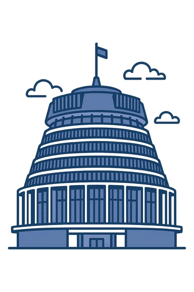 the Beehive Parliament building in Wellington, New Zealand, in a flat minimal style, no text sticker