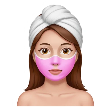 A woman with brown hair, a white towel wrapped around her head. Her face is covered with a pink skincare mask applied to the T-zone and cheeks sticker