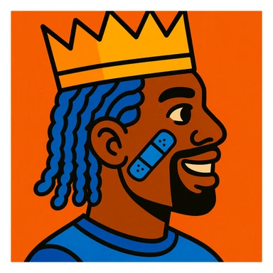 afro man with blue cornrows, gold crown, blue band-aid on cheek, stylized and bold, vibrant toon style sticker