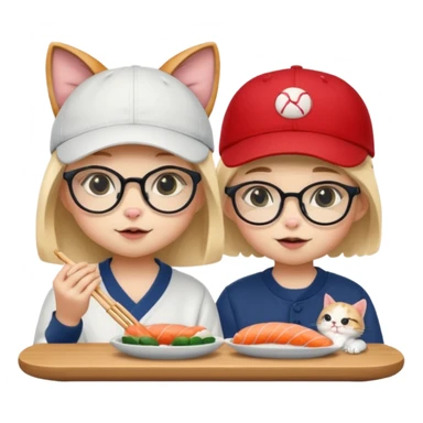 cute girl cat wearing glasses and a cute boy cat wearing a baseball cap eating sushi together sticker
