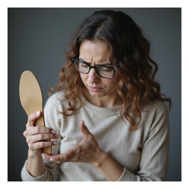 woman showing orthopedic insole in hand, expression of frustration or pain, realistic style, light background sticker