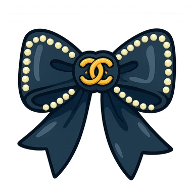 elegant bow with pearls and gold Chanel logo, glossy, monochrome, Vibrant Toon style sticker