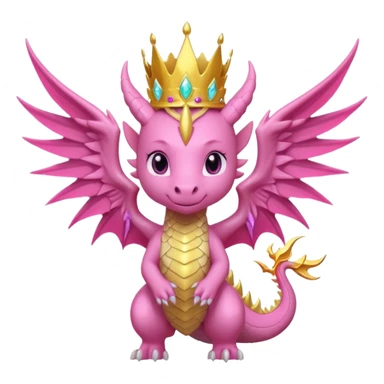 cute pink dragon queen with crown, huge wings, glowing aura, lightning and magic energy, epic fantasy kawaii style, powerful pose, bold outline, transparent background, twitch emote sticker