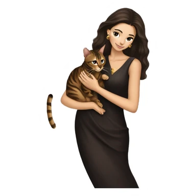Beautiful skinny woman long dark brown hair in dark dress with gold earrings hug bengal cat sticker