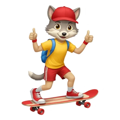 A gray wolf with large, expressive eyes and a friendly smile. The gray wolf is wearing a bright yellow T-shirt, red shorts, white knee socks, and sneakers. The baseball cap is worn backwards. The wolf holds a skateboard in one hand and gives a thumbs-up with the other, a confident and cheerful pose. sticker