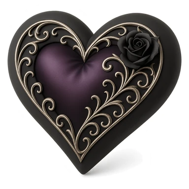 gothic heart in 3D black style, deep purple satin, silver filigree, black rose accent, elegant and moody sticker