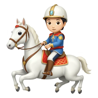 A Chinese little boy is riding a cute white small horse, and the horse is running. The blanket on the saddle says ‘2026.’  (2026 MUST HAVE) 。 sticker