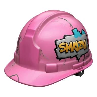 pink hard hat with graffity sticker