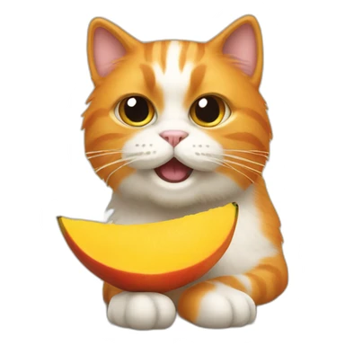 orange hairy cat eating mango with grumpy face and long tail sticker