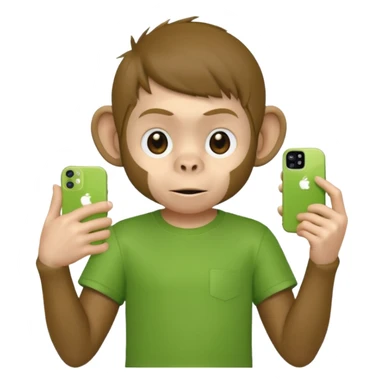 Un singe qui est habillé comme un garçon et qui a un iPhone 12 mini et qui a un t-shirt vert  sticker