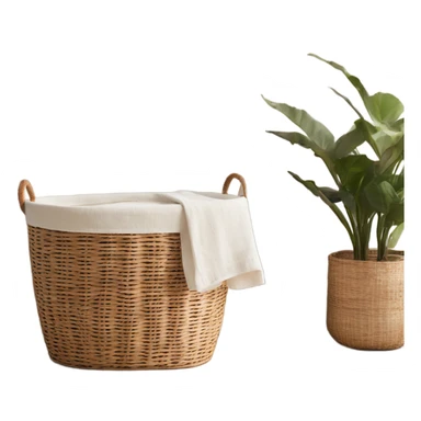 The rattan laundry basket with two handles is very cozy and inside the linen is white and beige sticker