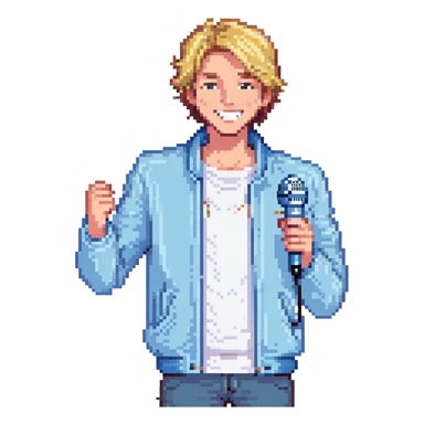 Pixel art style, expressive male performer, Caucasian features, short sandy blonde hair, lively eyes, wide cheerful smile, wearing a sky blue jacket over white tee, tossing a microphone in one hand, waist-up, front-facing sticker