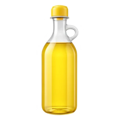 realistic yellow plastic cooking oil bottle, tall, rounded, molded lines, handle, glossy, yellow cap, white neck, soft reflections, gentle shadows, no branding, no label, no food, no faces, clean 3D, soft lighting, transparent background, emoji scale sticker