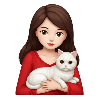 Brunette woman snuggling white Persian cat, wearing a red dress sticker