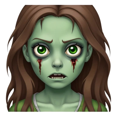Girl zombie with long brown hair, green skin, black eyes with dark circles, and frightening expression sticker
