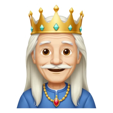 a smiling old man with long white hair and has no beard wearing a white smart shirt and a crown sticker