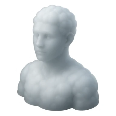 person looking straight, fully made of white fluffy convex clouds, shoulders visible, matte glass style sticker