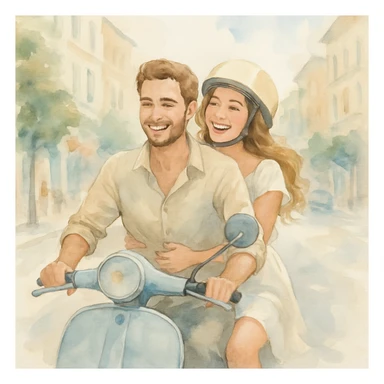 watercolour style, couple on a scooter, city street background, light and airy feel sticker
