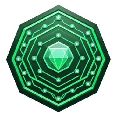 Futuristic reward points icon, diamond or hexagon shape, circuit board lines, Bloomberg terminal aesthetic, green phosphor glow on dark background, minimalist geometric, no text, fintech style, clean edges, professional icon design sticker