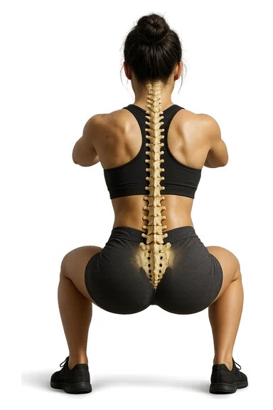 donna di spalle che fa squat con spina dorsale anatomica in evidenza, iperrealistica 4k sticker