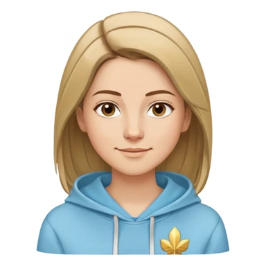 Caucasian woman, oval face, straight hair that is more brown than blonde with lighter blonde highlights, hair parted to the side, serene smile, dreamy expression, light blue hoodie with gold and white details sticker