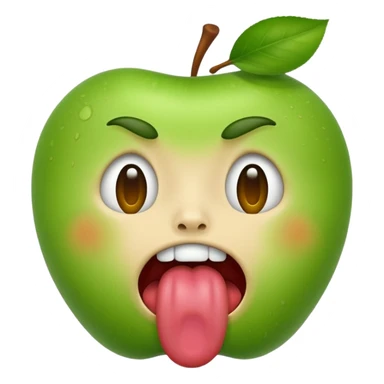 apple emoji style face with tongue out and green cheeks, looking sick, no text sticker