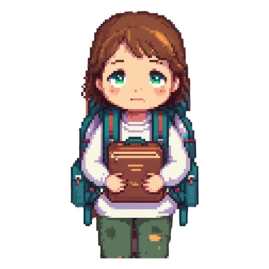 A student with a backpack and a sad face, surrounded by piles of books sticker