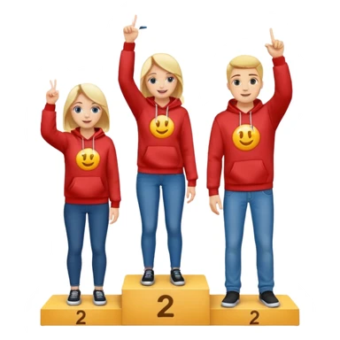 three people in jeans and hoodies on a winners podium labeled 2, 1, 3 left to right, center person on 1 step holding up one finger on each hand, bright cheerful expressive emoji illustration sticker