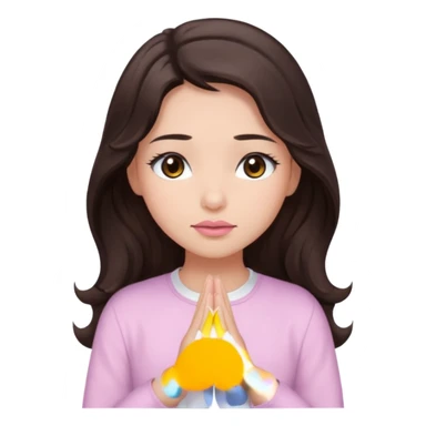 girl with wavy long glamorous dark brown hair, brown eyes, light to medium complexion, long lashes, light pink lipstick, praying, wearing light pink shirt sticker