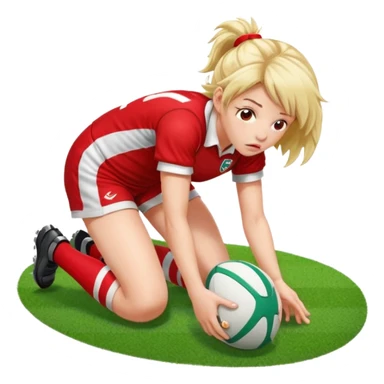 Chica de pelo rugby tirada en el suelo de un campo de rugby boca abajo agarrando un balón con las manos vestida con una equipación de color rojo y blanco con líneas y con unas botas de tacos de fútbol, con un bucal en la boca sticker