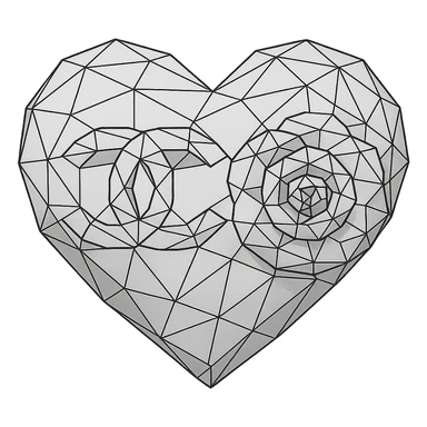 Chanel heart with camellia flower, low poly wireframe style, geometric, black and white sticker