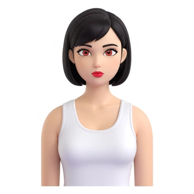 A pretty girl with black straight bob hair. She has hazel eyes with black eyeliner. She has plump red lips. She is wearing a white tank top sticker