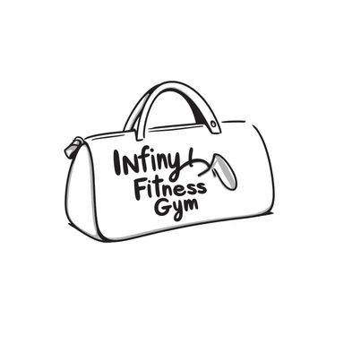 hand-drawn doodle of a gym bag with 'Infinity Fitness Gym' written on it, sketchy black lines, no fill sticker