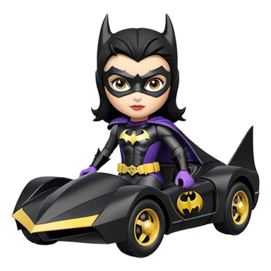 scale racing sexy fitted Batgirl’s heroically armored midnight-colored tight outfit 1970’s tv style dark knight stealthy accurate sporty safe plush deluxe off-road pursuit drifting F1 town car (black hair, shoulders back against seat) rally vehicle  sticker