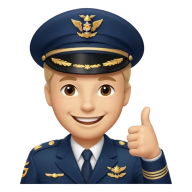 Slack-style emoji of a pilot wearing a slightly tilted navy captain hat, giving a thumbs-up, big cheerful smile, eyes closed or happy squint sticker