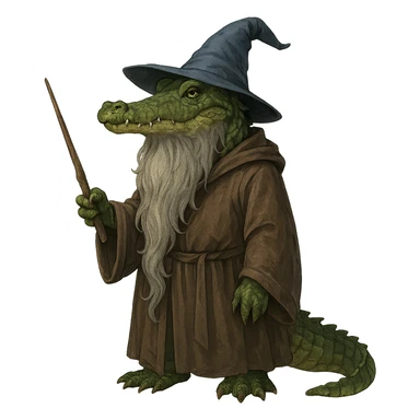 alligator wizard with a long beard and robe, holding a wand sticker