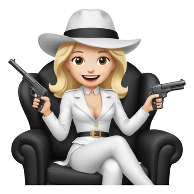 Mafia blondes Laughter lol woman in hat , gun ,black armchair , white costume  sticker