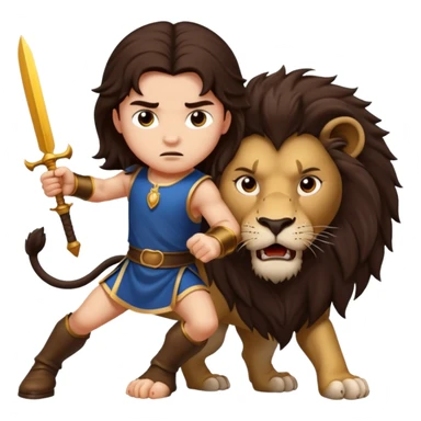 I want a royal child with dark brown long hair, fighting against a lion sticker