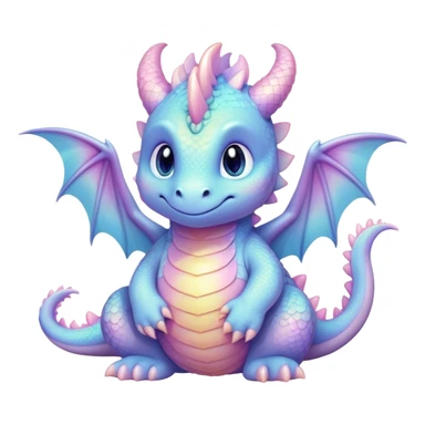 Cinematic fluffy pastel dragon, tiny round wings, chubby feet, sparkling gentle eyes, delicate glowing scales, soft colors blending magically, enchanting and whimsical. sticker