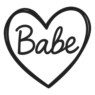 the word 'Babe' in bold white marker handwriting on a black heart, hand-drawn, high contrast sticker