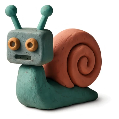 matte plasticine claymation style robot snail with visible fingerprints and pastel colors sticker