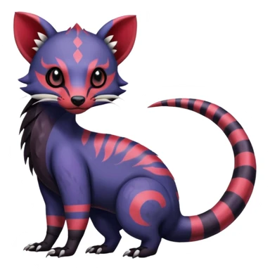 Rare warm-colored exotic gloomy tropical edgy cute epic aesthetic spooky indigo violet white black red gothic colorful Salandit-Furret-Civet-species-Fakemon-hybrid-creature, with tribal tattoo markings, full body sticker