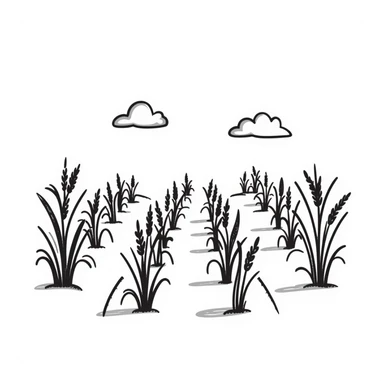 hand-drawn rice plants in a field, traditional look sticker