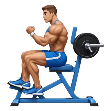 side-view bodybuilder in blue shorts seated weighted calf-raise machine on his tip toes sticker